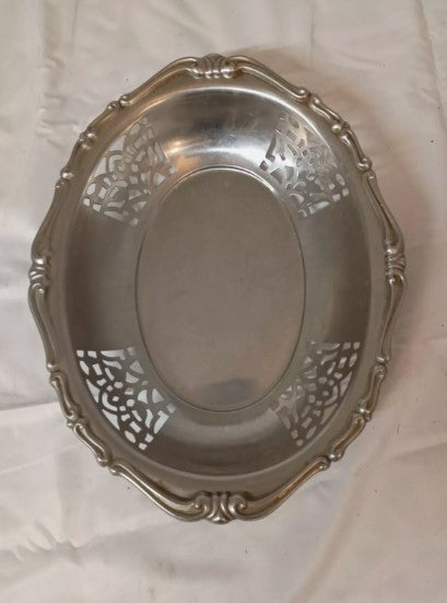 Vintage Ornate Oval Silver Metal Serving Dish, Vanity Dressing Table Bowl