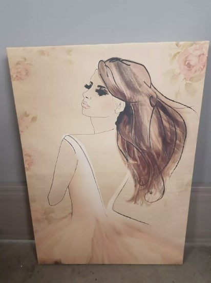 Drawing Of Woman in Dress With Flowers Canvas Art With Wooden Frame