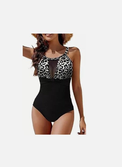 BLACK / WHITE LEOPARD PRINT RUFFLE LADIES SWIMSUIT VARIOUS SIZES