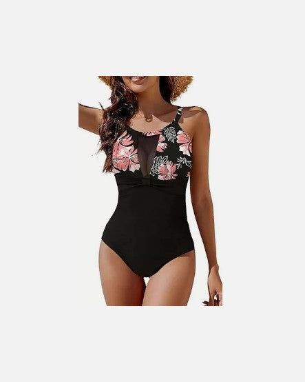 BLACK / PINK FLORAL PRINT RUFFLE LADIES SWIMSUIT VARIOUS SIZES