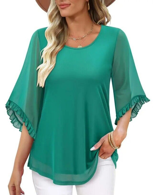 Women's Crew Neck Tunic Tops Flared Lace 3/4 Sleeve L