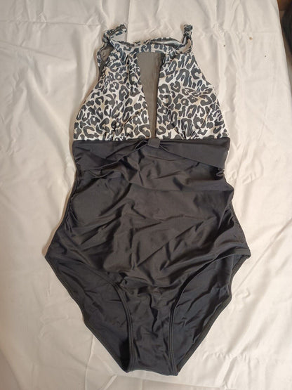 BLACK / WHITE LEOPARD PRINT RUFFLE LADIES SWIMSUIT