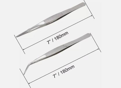 "7 Inch Stainless Steel Tweezers with Straight and Curved Serrated Tip "