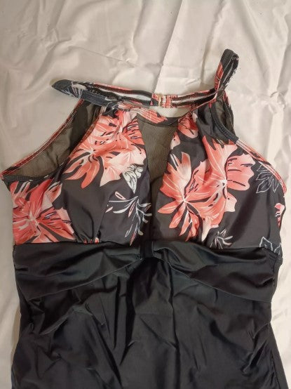 BLACK / PINK FLORAL PRINT RUFFLE LADIES SWIMSUIT VARIOUS SIZES