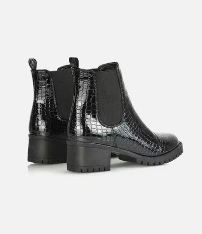 NO DOUBT CHUNKY SOLE SLIP ON MID-BLOCKED HEELED ANKLE CHELSEA BOOTS BLACK CROC 8