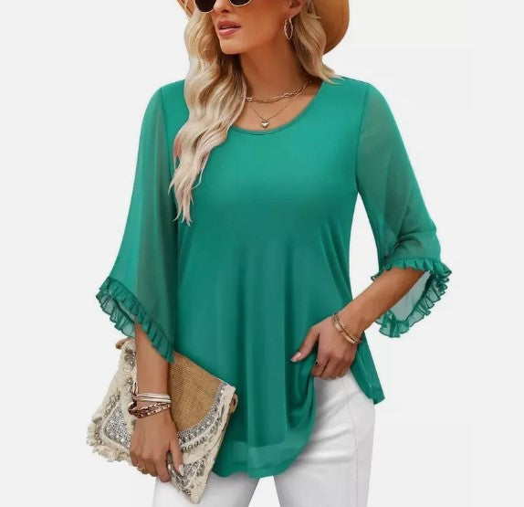 Women's Crew Neck Tunic Tops Flared Lace 3/4 Sleeve L