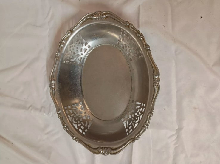 Vintage Ornate Oval Silver Metal Serving Dish, Vanity Dressing Table Bowl