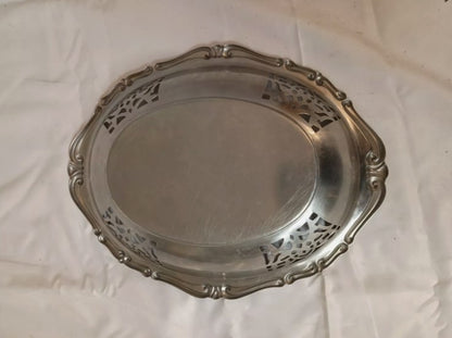 Vintage Ornate Oval Silver Metal Serving Dish, Vanity Dressing Table Bowl