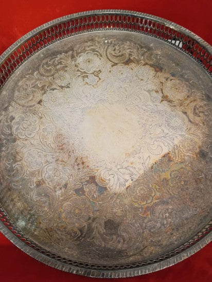 Vintage Viners of Sheffield Chased Alpha Silver Plate Round Gallery Tray