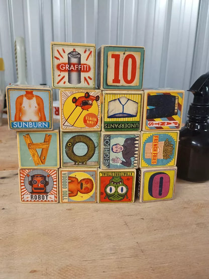 Fred And Friends XYZ Wooden Blocks. Alternative To ABC. 14 Blocks Only