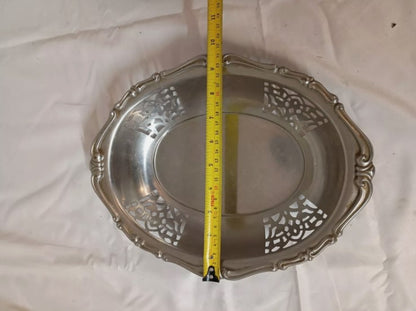 Vintage Ornate Oval Silver Metal Serving Dish, Vanity Dressing Table Bowl