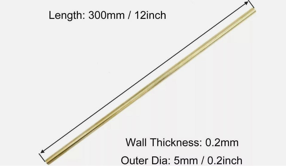 Brass Round Tube, 5mm OD 0.2mm Wall Thickness 300mm Length