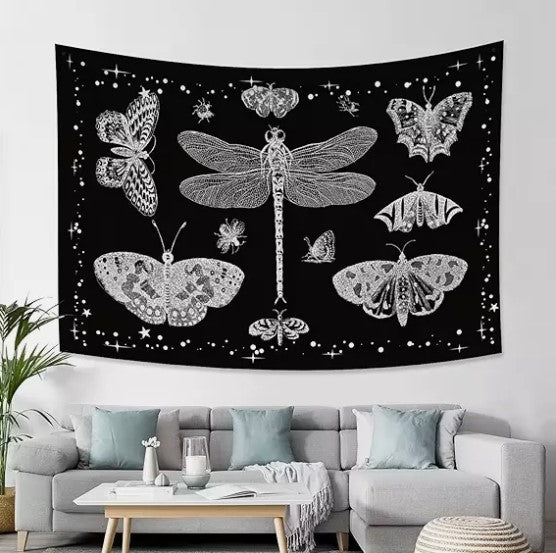 "YONGFOTO 150x100cm Butterfly Tapestry, Dragonfly Tapestries Moth Black White "