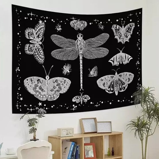 "YONGFOTO 150x100cm Butterfly Tapestry, Dragonfly Tapestries Moth Black White "