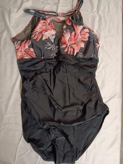 BLACK / PINK FLORAL PRINT RUFFLE LADIES SWIMSUIT VARIOUS SIZES