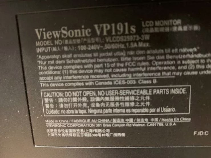 "Viewsonic VP191s Monitor Model-VLCDS25973-3W "