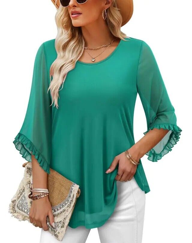 Women's Crew Neck Tunic Tops Flared Lace 3/4 Sleeve L