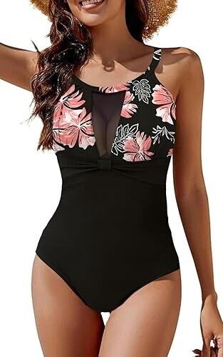 BLACK / PINK FLORAL PRINT RUFFLE LADIES SWIMSUIT