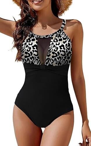 BLACK / WHITE LEOPARD PRINT RUFFLE LADIES SWIMSUIT